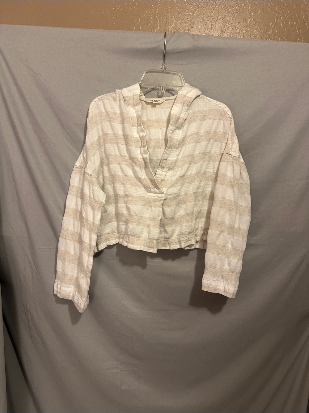 Max Studio Cream and White Striped Cropped Hooded Top